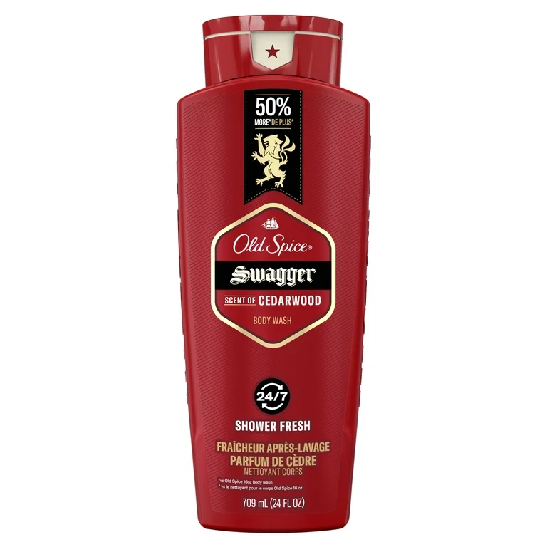 Old Spice Swagger Body Wash Cedarwood bottle with masculine cedarwood theme