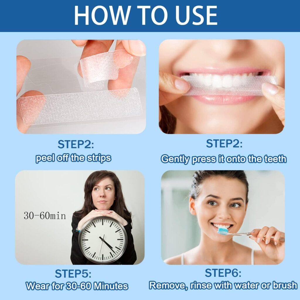 Man using Guru Nanda Premium Whitening Strips while smiling, showing teeth whitening strip application with a bright and confident smile.