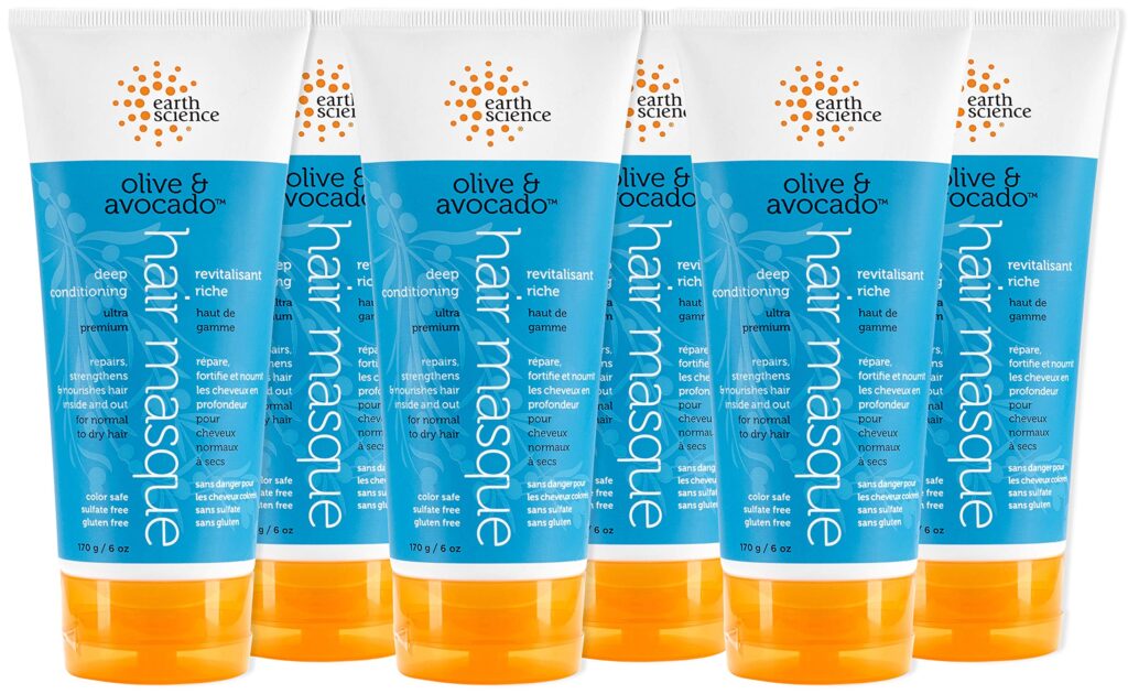 Earth Science Olive & Avocado Deep Conditioning Hair Masque jar displayed on a clean background, highlighting its nourishing and repairing hair care formula