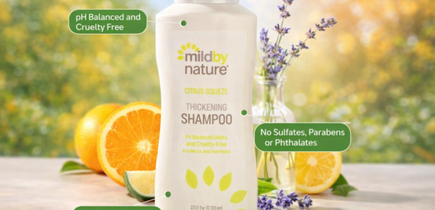 Mild By Nature Citrus Squeeze Thickening Shampoo bottle with citrus ingredients for thicker hair