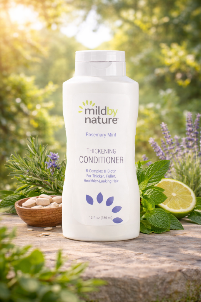 Mild By Nature Citrus Squeeze Thickening Shampoo bottle with citrus ingredients for thicker hair