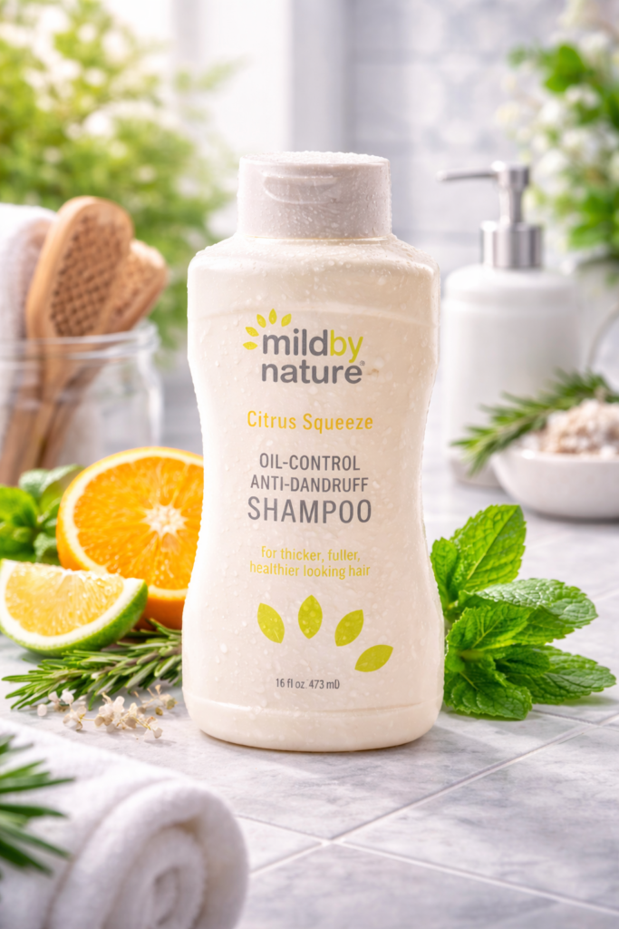 Mild By Nature Citrus Squeeze Thickening Shampoo bottle with citrus ingredients for thicker hair