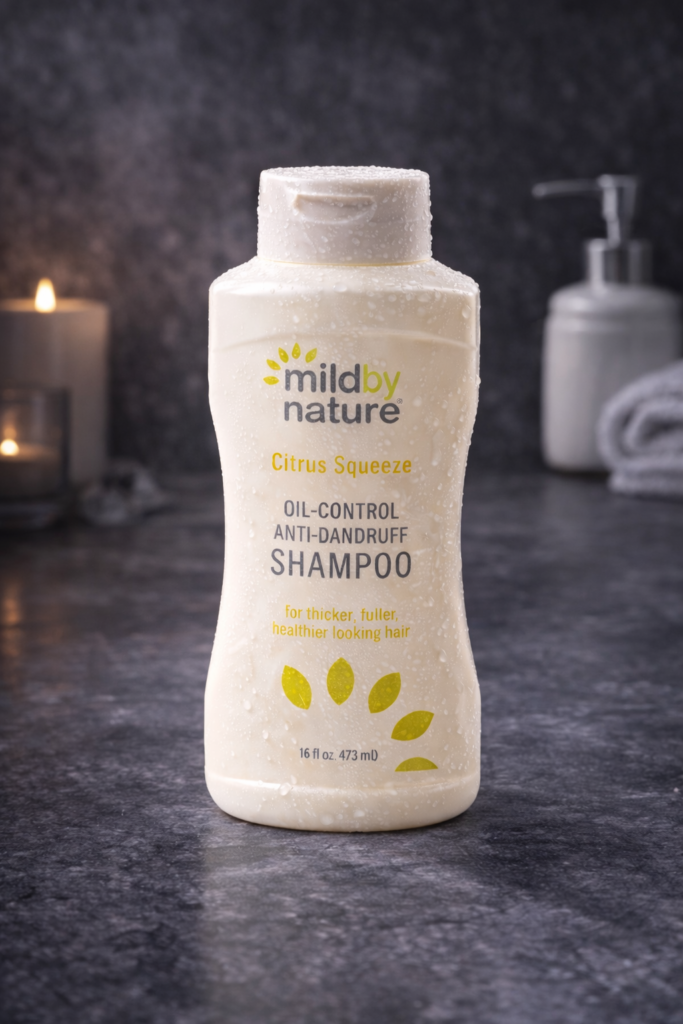 Mild By Nature Citrus Squeeze Thickening Shampoo bottle with citrus ingredients for thicker hair