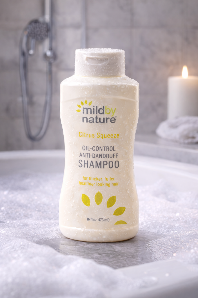 Mild By Nature Citrus Squeeze Thickening Shampoo bottle with citrus ingredients for thicker hair