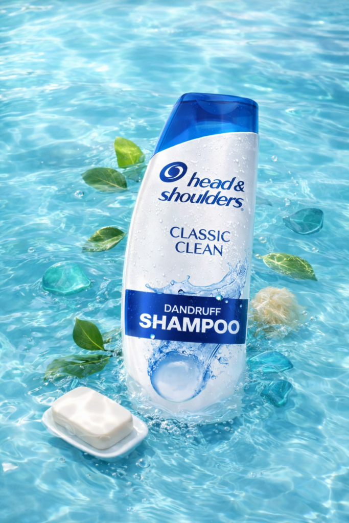 Head & Shoulders Classic Clean anti-dandruff shampoo displayed on water background