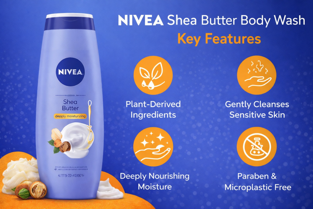 NIVEA Shea Butter Body Wash with loofah use for deeply nourishing and gentle cleansing of sensitive body skin