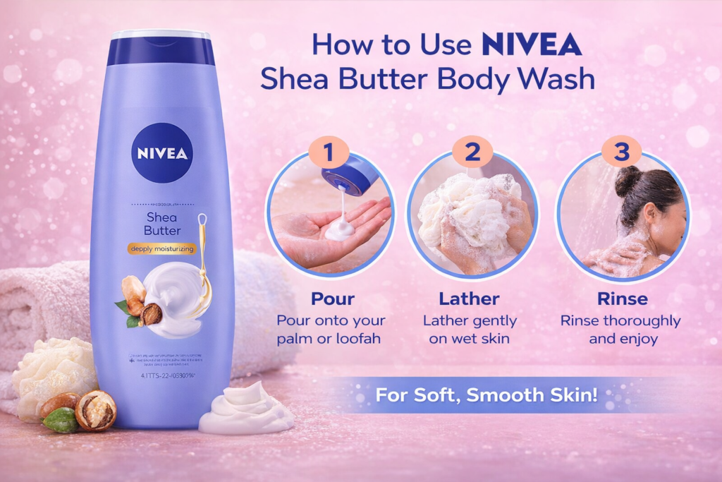 NIVEA Shea Butter Body Wash with loofah use for deeply nourishing and gentle cleansing of sensitive body skin