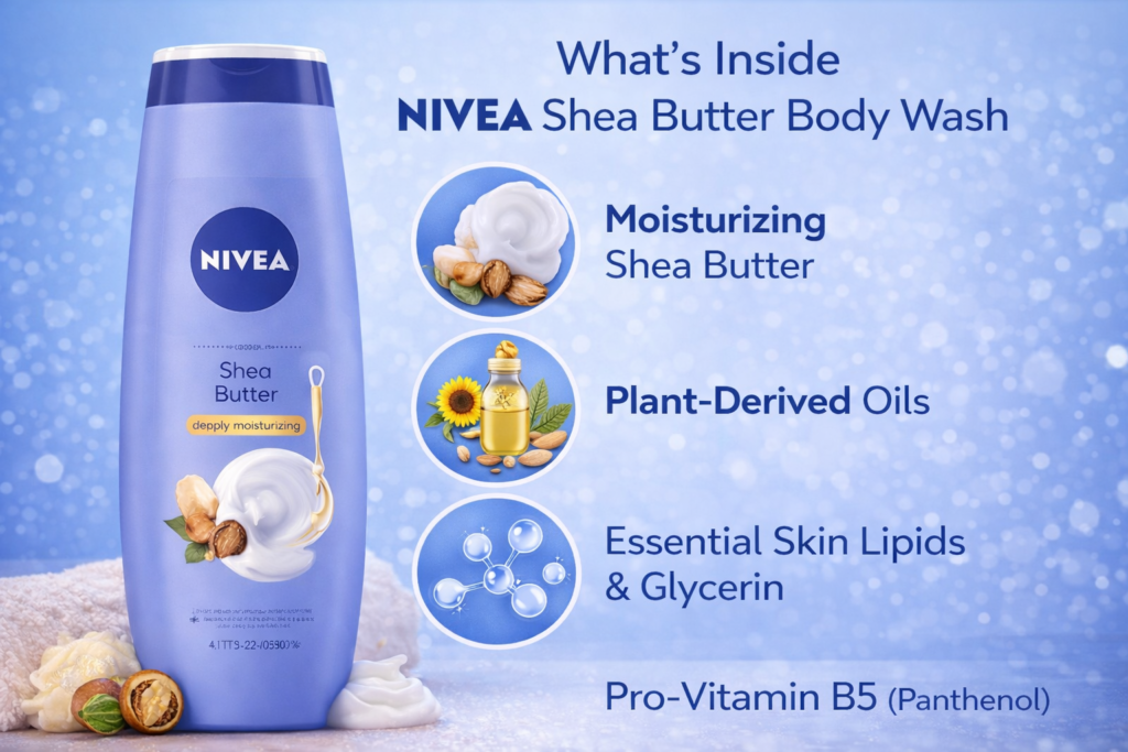 NIVEA Shea Butter Body Wash with loofah use for deeply nourishing and gentle cleansing of sensitive body skin