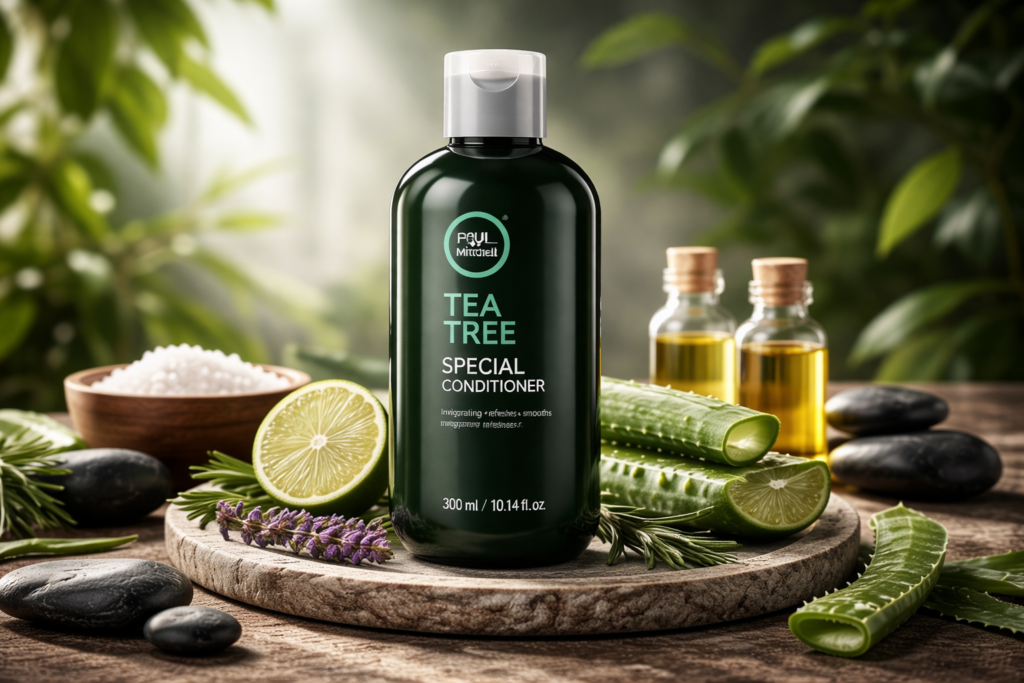 beauty formulas tea tree conditioner by Paul Mitchell with premium aesthetic background