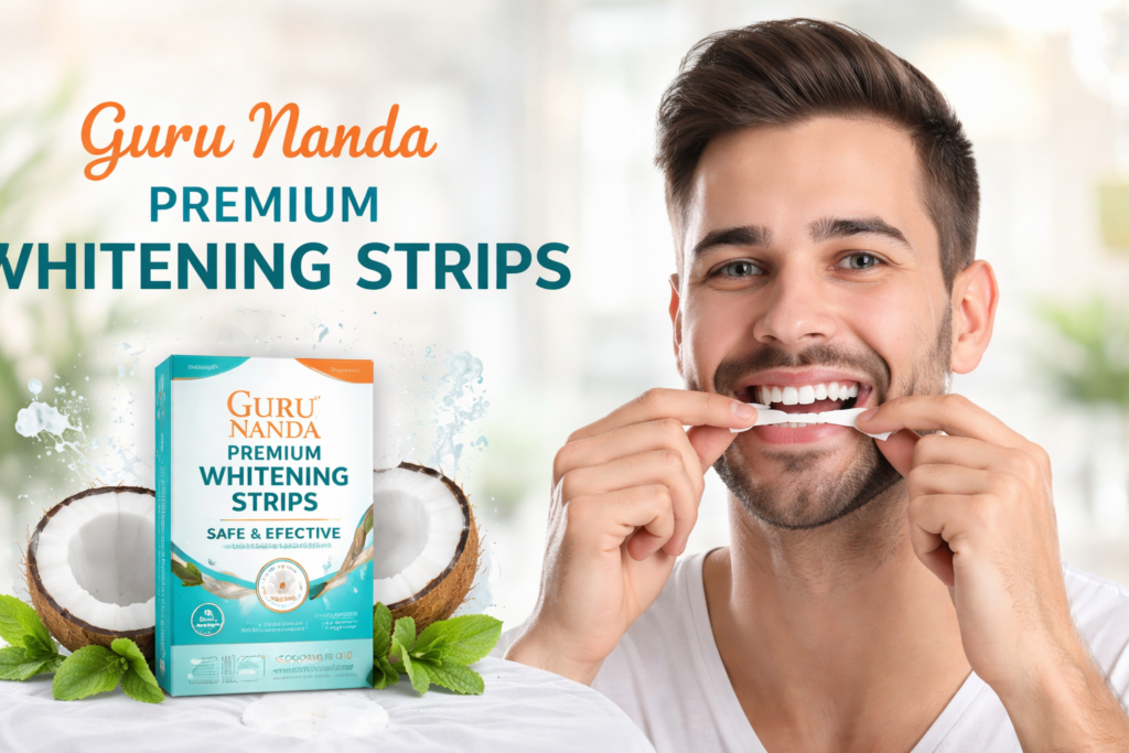 Man using Guru Nanda Premium Whitening Strips while smiling, showing teeth whitening strip application with a bright and confident smile.