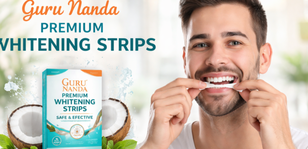 Man using Guru Nanda Premium Whitening Strips while smiling, showing teeth whitening strip application with a bright and confident smile.