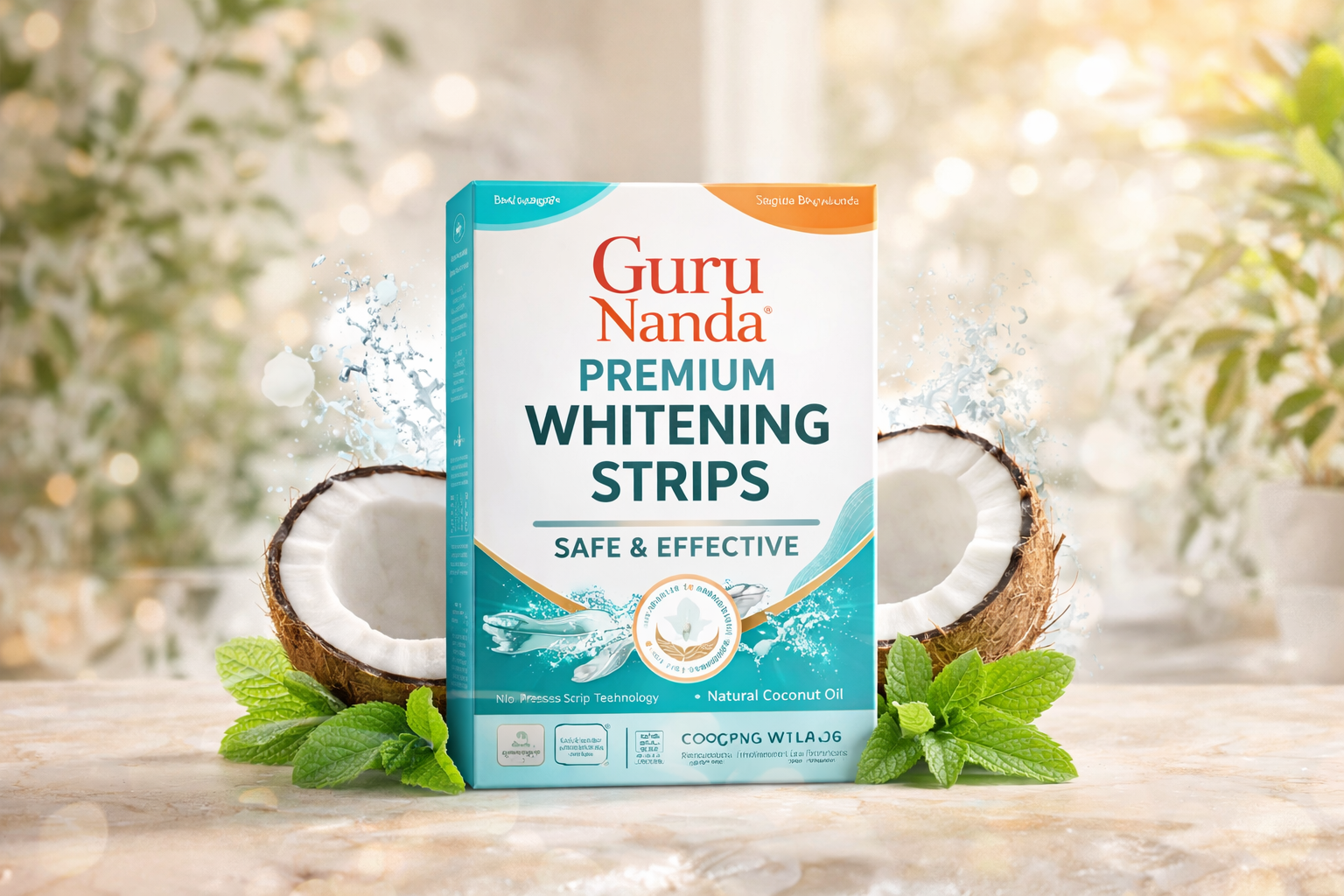 Man using Guru Nanda Premium Whitening Strips while smiling, showing teeth whitening strip application with a bright and confident smile.