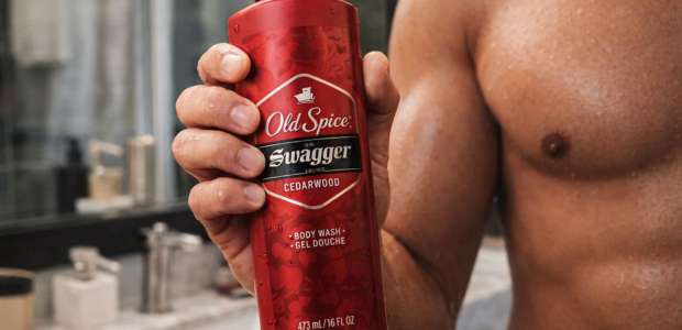 Old Spice Swagger Body Wash Cedarwood bottle with masculine cedarwood theme