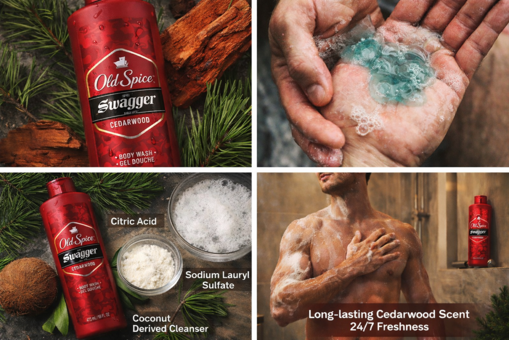 Old Spice Swagger Body Wash Cedarwood bottle with masculine cedarwood theme