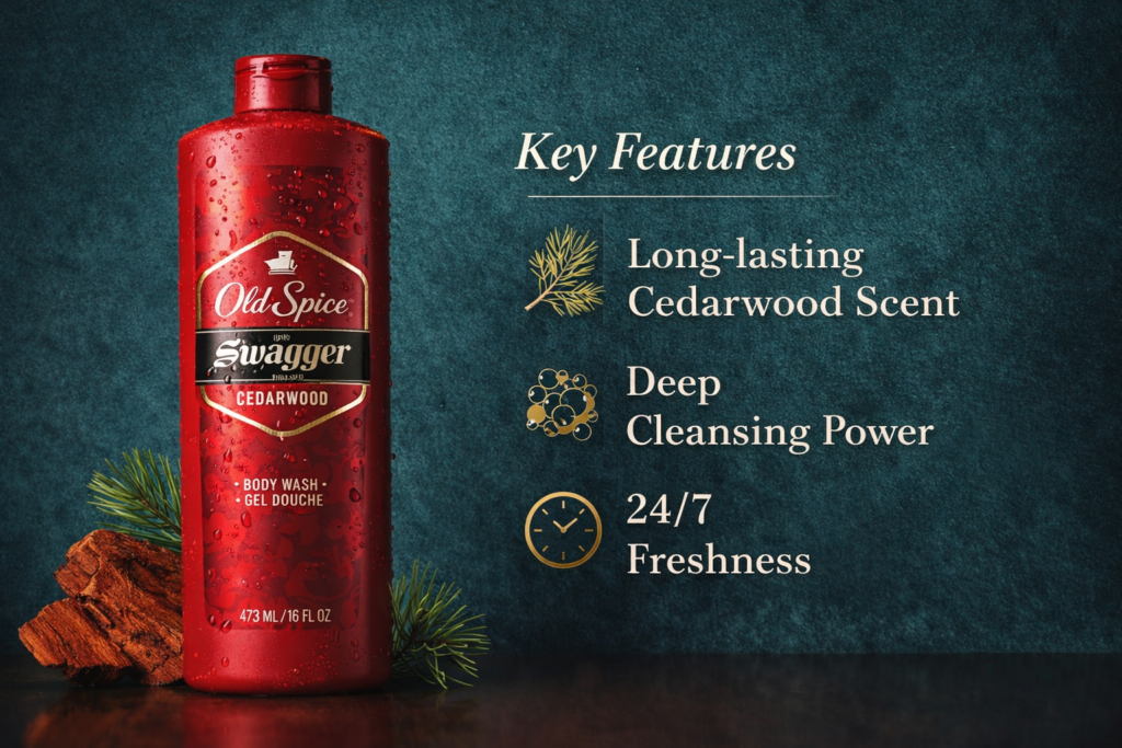 Old Spice Swagger Body Wash Cedarwood bottle with masculine cedarwood theme
