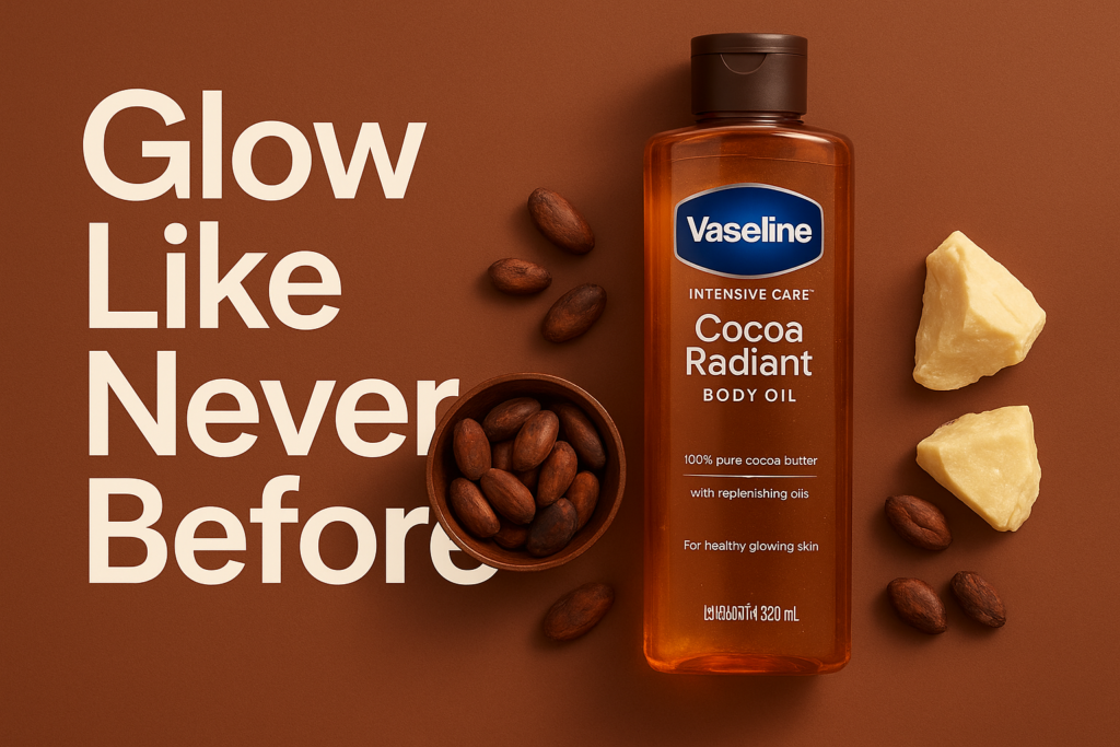 Vaseline Intensive Care Cocoa Radiant Body Oil bottle with cocoa beans and cocoa butter on a brown background