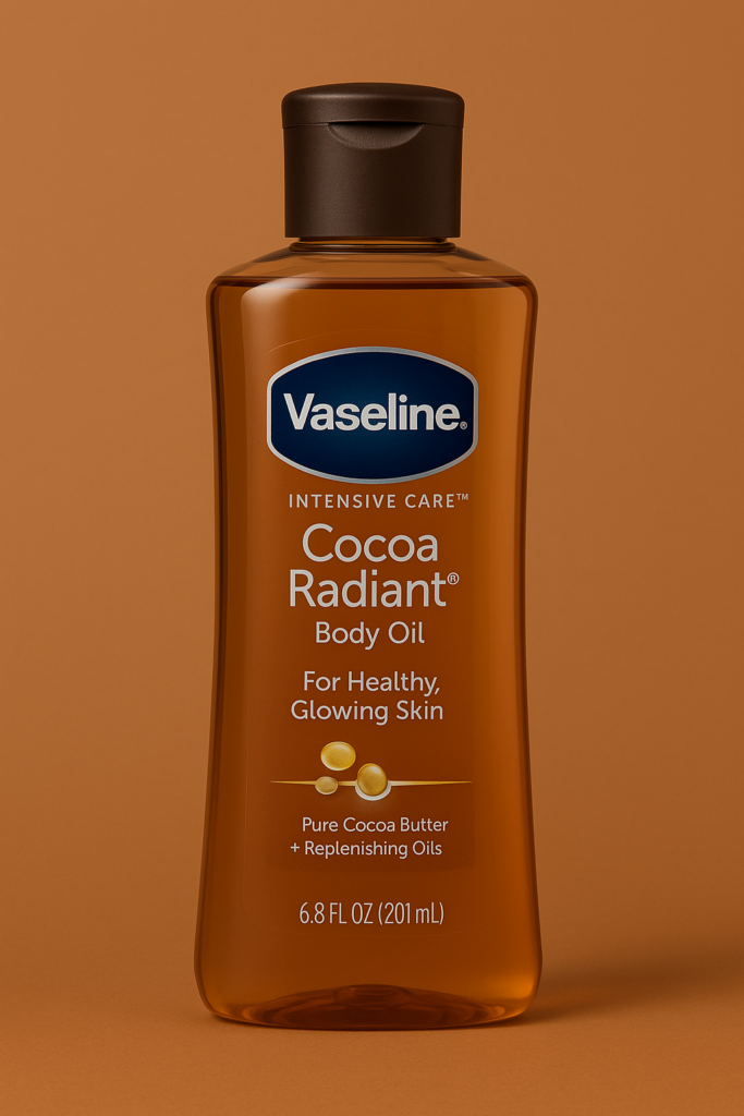 Vaseline Intensive Care Cocoa Radiant Body Oil bottle with cocoa beans and cocoa butter on a brown background