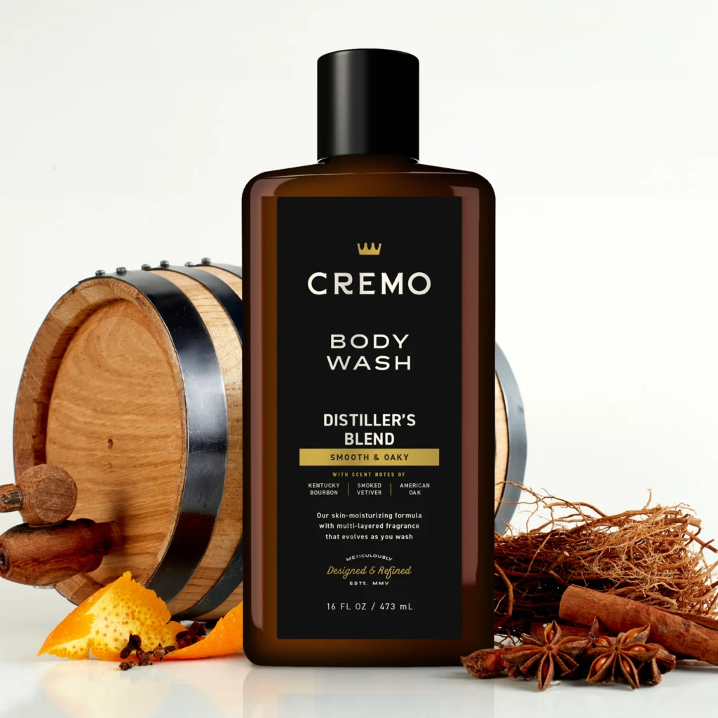 Cremo Distiller’s Blend Body Wash bottle with smooth and oaky fragrance