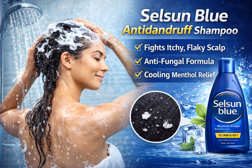 Selsun Blue Antidandruff Shampoo bottle with selenium sulfide for dandruff control