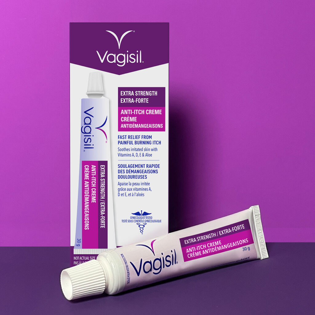 Vagisil Anti-Itch Creme Maximum Strength with attractive feminine background