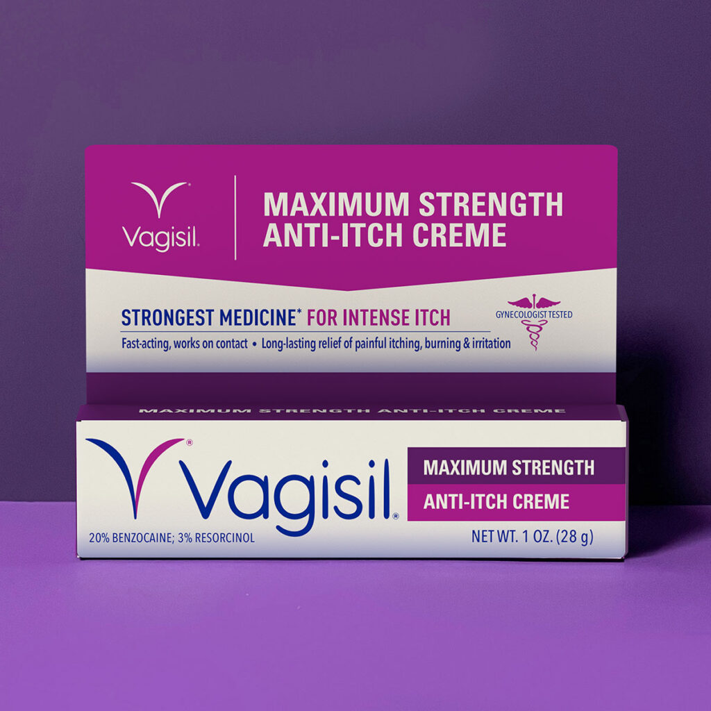 Vagisil Anti-Itch Creme Maximum Strength with attractive feminine background