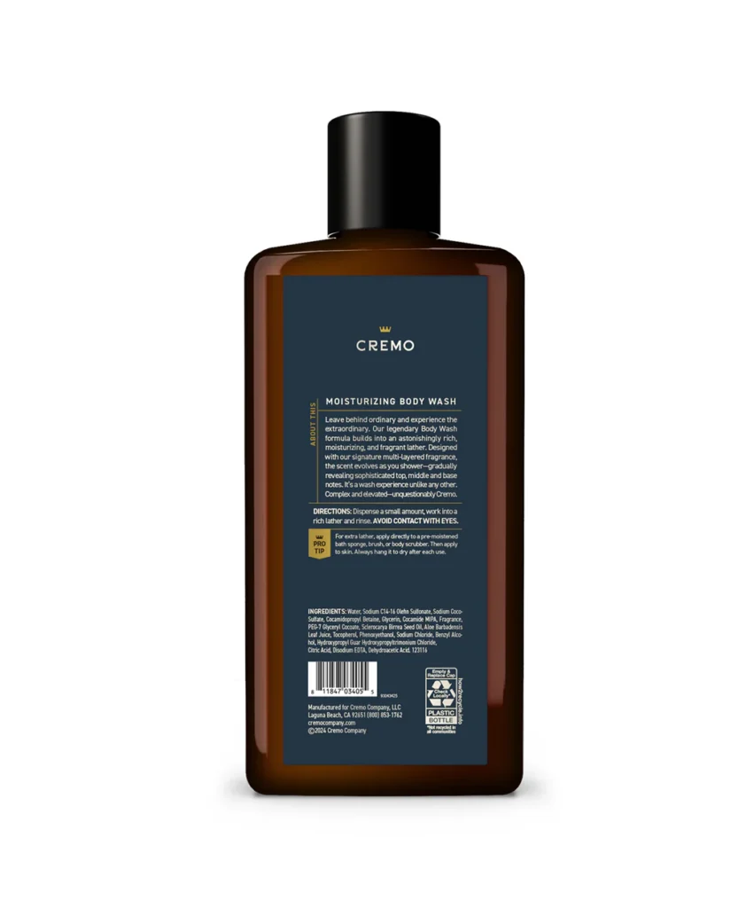 Cremo Distiller’s Blend Body Wash bottle with smooth and oaky fragrance