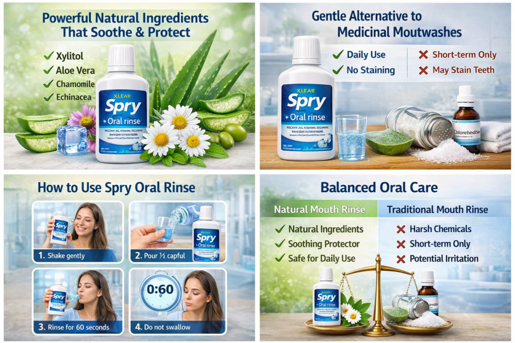 Xlear Spry Oral Rinse Natural Coolmint with xylitol aloe vera chamomile for daily oral care