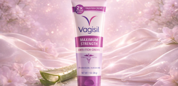 Vagisil Anti-Itch Creme Maximum Strength with attractive feminine background