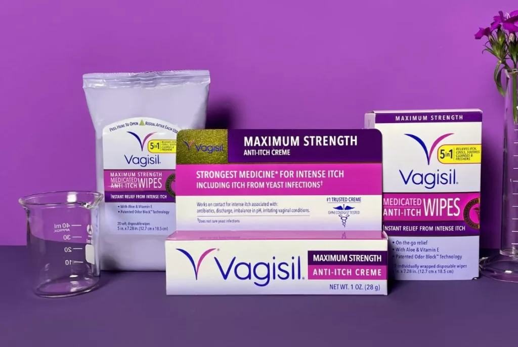 Vagisil Anti-Itch Creme Maximum Strength with attractive feminine background