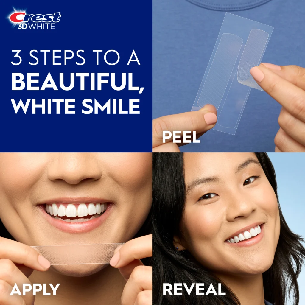 Person using Crest 3D Whitestrips Enamel Safe Dental Whitening Kit for teeth whitening at home