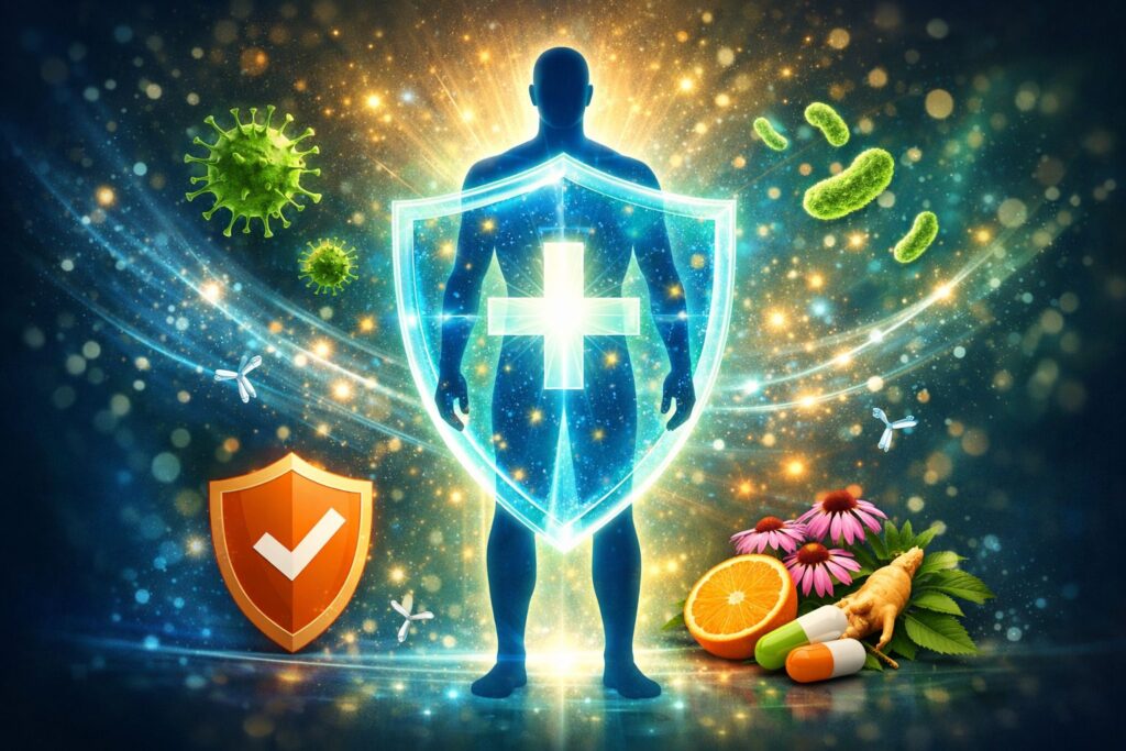 Human silhouette with health symbols.