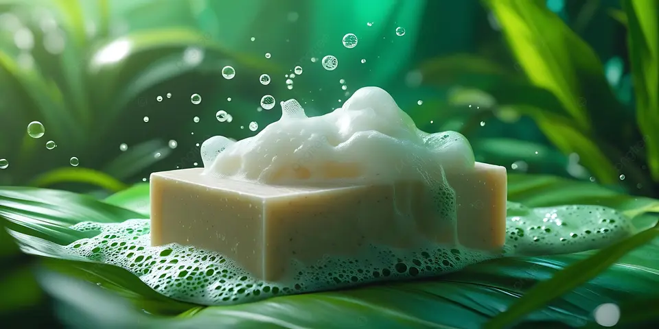 Chandrika Ayurvedic Bar Soap with herbal ingredients and person using soap in background