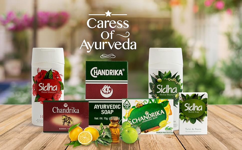 Chandrika Ayurvedic Bar Soap with herbal ingredients and person using soap in background
