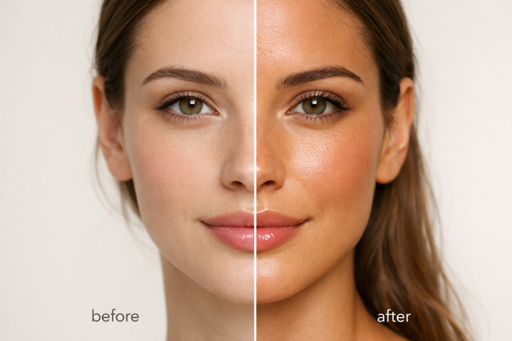 gradual face glow results after using b tan gimme the glow down tanning product