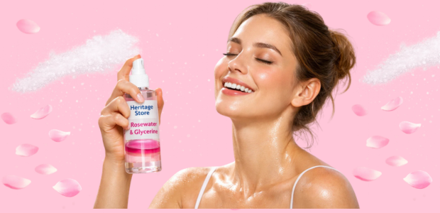 Girl applying Heritage Store, Rosewater & Glycerine facial mist for glowing hydrated skin