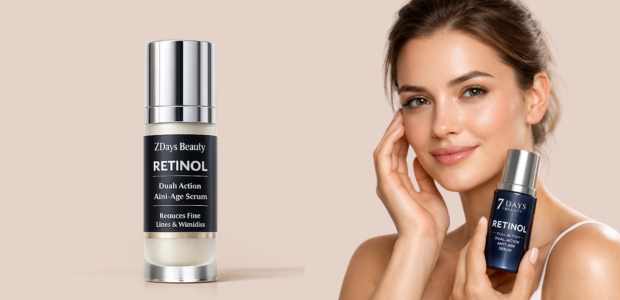 Young woman holding retinol serum with glowing smooth skin