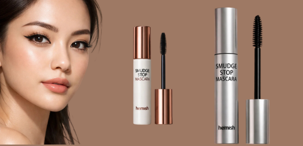 Smudge Stop Mascara by Heimish with model showing long, curled black lashes