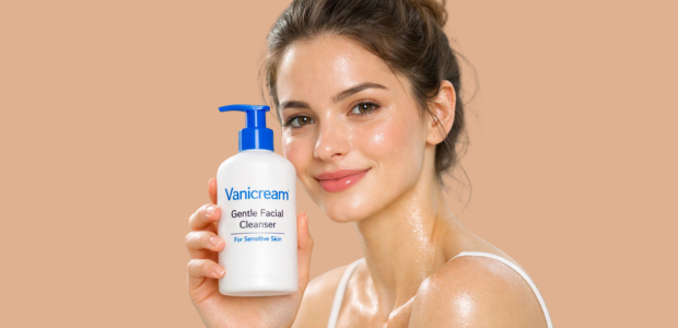 Girl holding Gentle Facial Cleanser with glowing sensitive skin