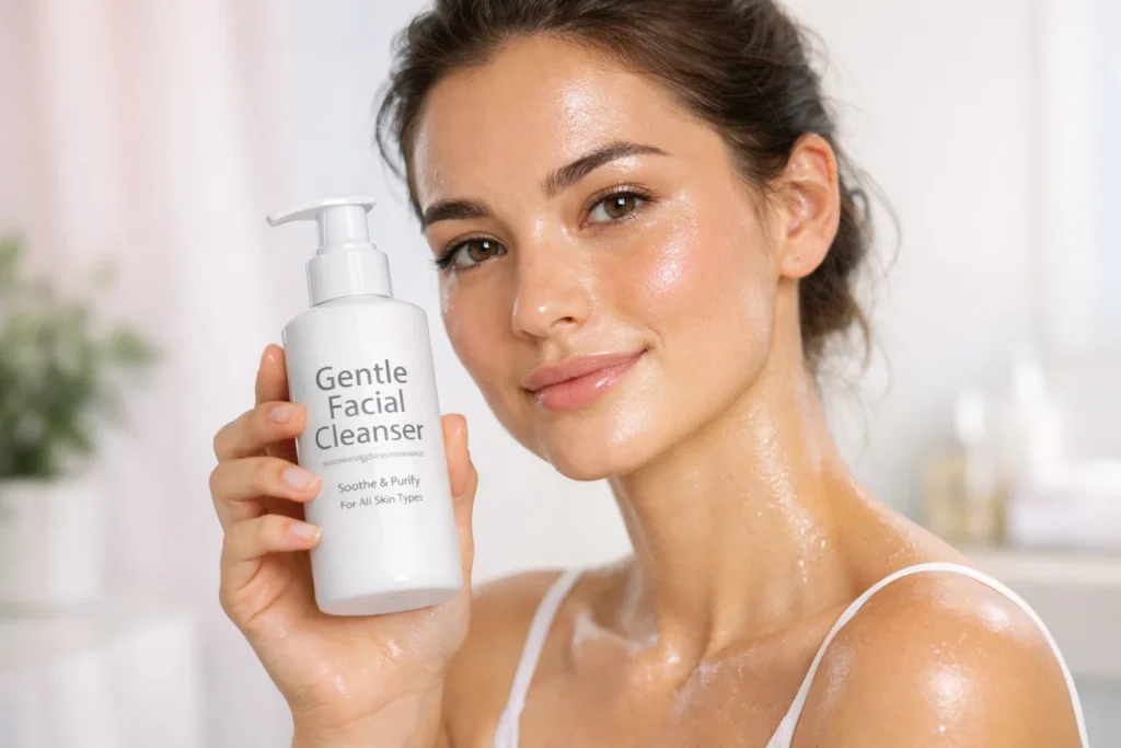 Girl holding Gentle Facial Cleanser with glowing sensitive skin