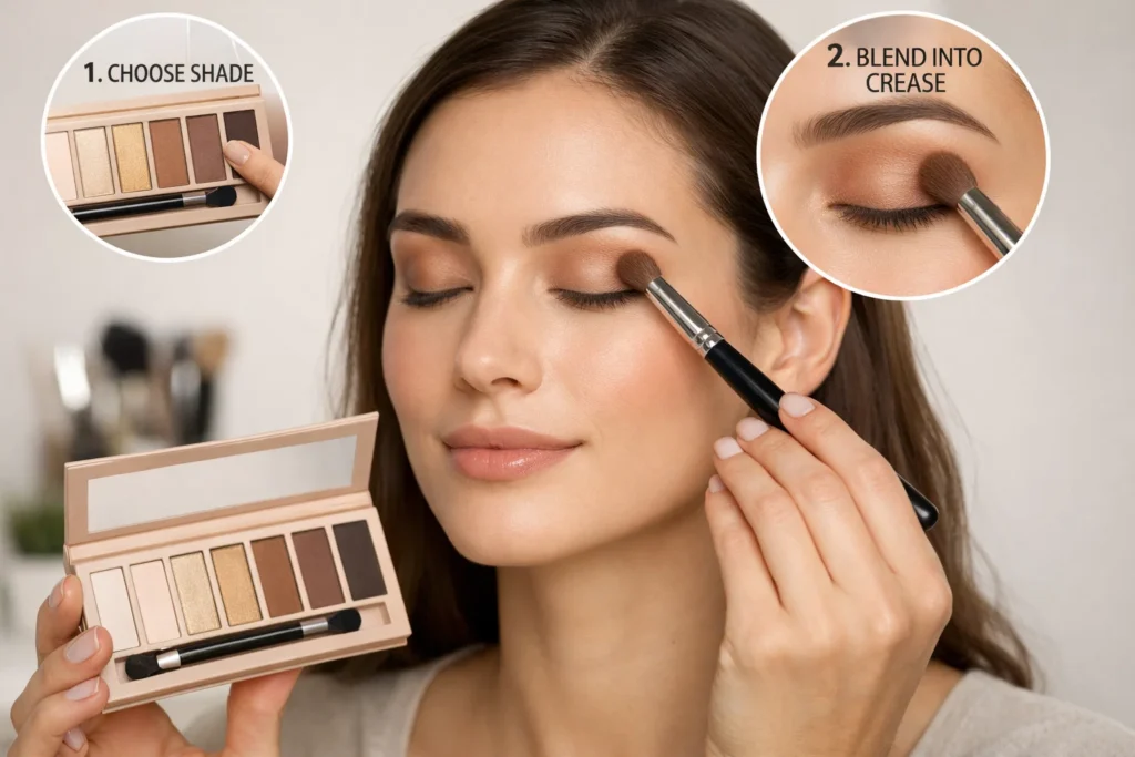 Beauty brick 12 Color Eye Palette flat lay with brushes