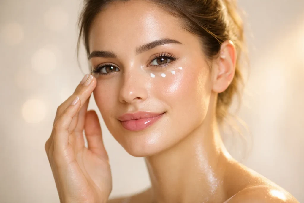 Woman applying eye cream with bright hydrated under-eyes