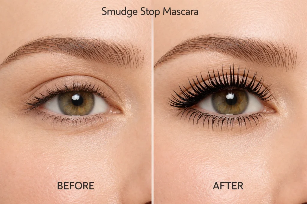 Before and after results of Smudge Stop Mascara showing lifted lashes