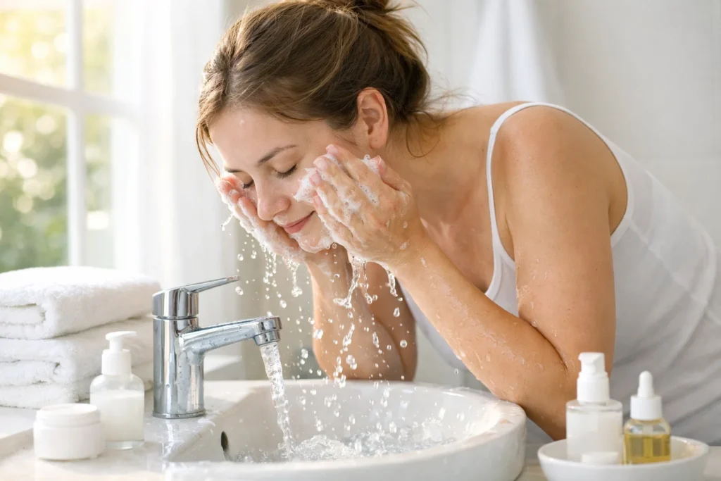 Woman washing face with gentle face cleanser in bathroom