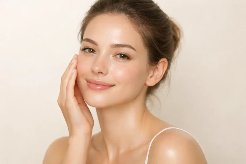 Smiling woman with calm, irritation-free sensitive skin