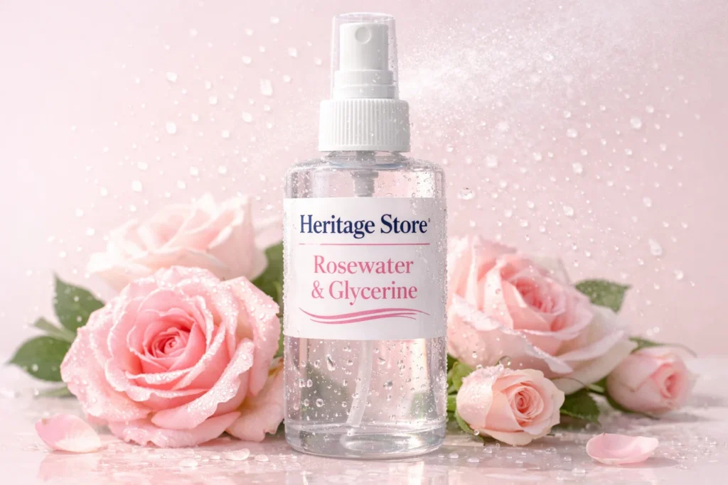 Heritage Store, Rosewater & Glycerine spray bottle with fresh roses and water droplets