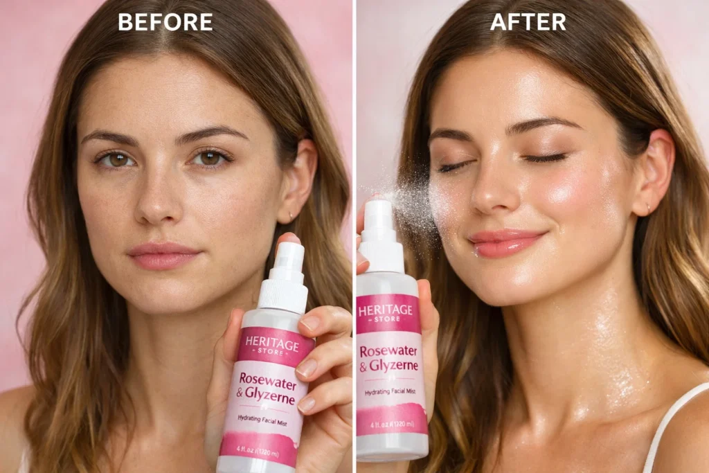 Before and after using Heritage Store, Rosewater & Glycerine hydrating facial spray