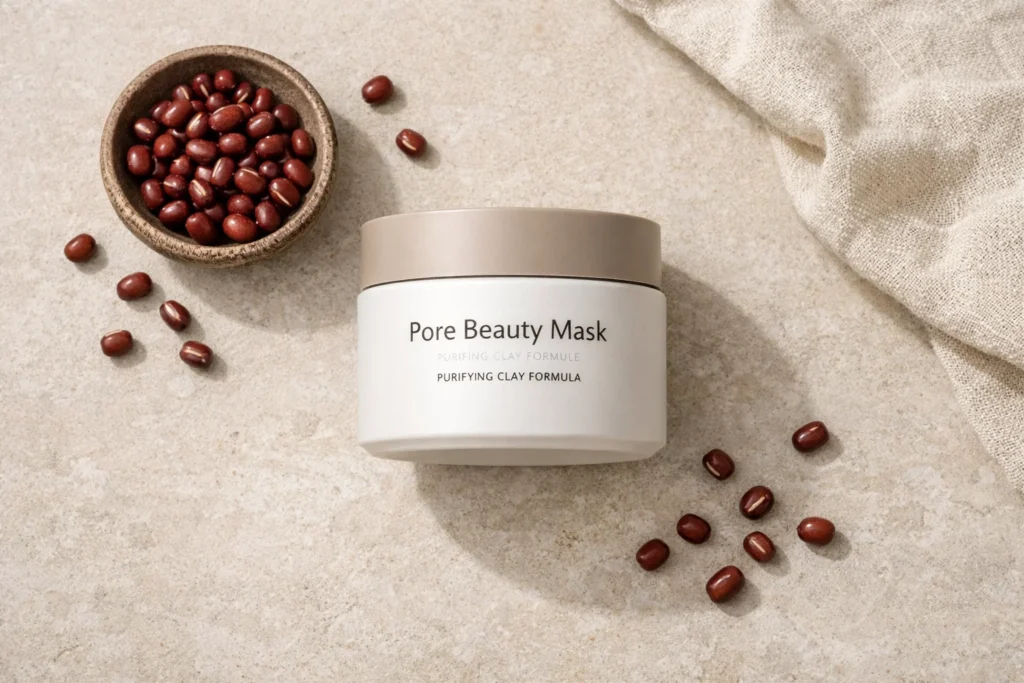 Flat lay of Pore Beauty Mask with red bean ingredients