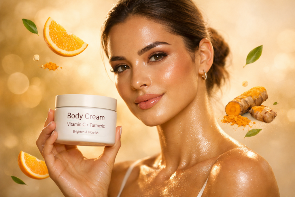 Vitamin C + Turmeric body cream model honding botel in hand