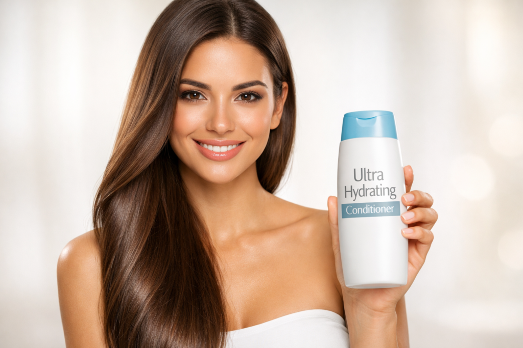 Ultra Hydrating Conditioner shamoo bottle holding into hand