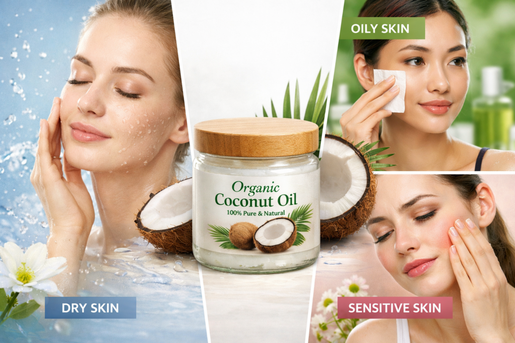 Organic coconut oil skincare concept showing benefits